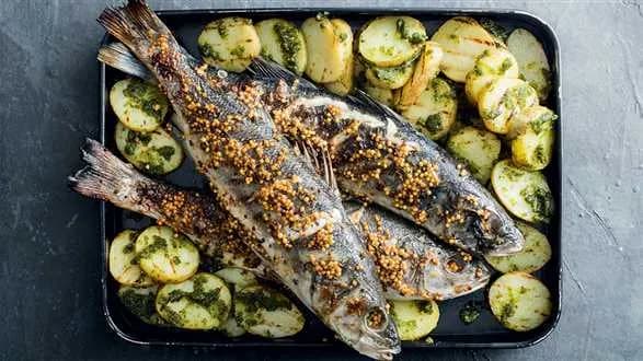 Okoń morski z grilla z masłem musztardowym, ziemniakami z grilla i z pesto bazyliowym